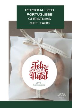 personalized portuguese christmas gift tags with ribbon and bow on white paper bag, featuring the word feliz matu