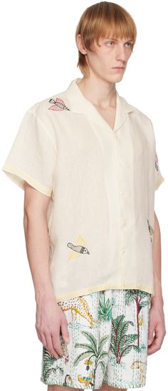 Handcrafted linen gauze shirt. Graphics embroidered throughout. · Open spread collar · Button closure · Logo embroidered at back yoke · Contrast stitching in yellow Supplier color: Off white White Embroidered Beach Shirt, Embroidered Camp Collar Shirt For Summer, Summer Embroidered Shirt With Spread Collar, Embroidered Summer Shirt With Spread Collar, Embroidered Spread Collar Shirt For Summer, Traditional White Linen Shirt, Beach Embroidered Shirt With Camp Collar, Embroidered Camp Collar Top For Beach, Beach Embroidered Collared Shirt