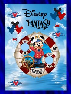 the poster for disney's fantasy cruise shows mickey mouse as he rides on a ship