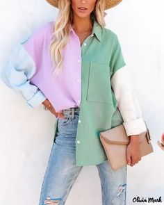 Olivia Mark - Color Block Long Sleeve Button Down Shirt Patchwork Shirt, Shirt Embroidery, Button Cardigan, Matches Fashion, Elegant Shirt, Dress For Short Women, Green Blouse, Casual Blouse, Retro Stil