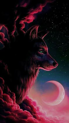 a painting of a wolf with the moon in the sky behind it and words written below