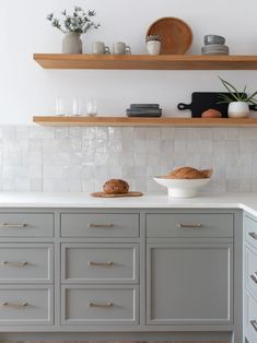 the kitchen counter is clean and ready to be used for baking or other cooking purposes