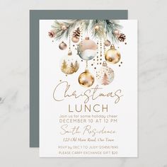 an elegant christmas party card with ornaments and pine cones on the front, in gold foil