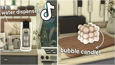 there are two pictures showing the different stages of decorating in a kitchen, including water dispenser and bubble candle