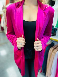 Velvet blazer featuring pockets at side. Button front closure. Lined. Woven. Non-sheer. Lightweight. Velvet Blazer, Homecoming Dresses, Homecoming, Velvet, Blazer