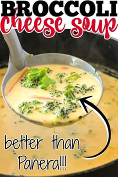 broccoli cheese soup in a skillet with text overlay