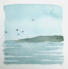 watercolor painting of birds flying over the ocean