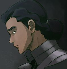 an anime character with black hair and green eyes looking to the side, in profile