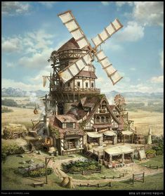 an artistic rendering of a windmill house in the middle of nowhere