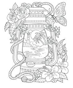 a vase with flowers and butterflies on it in the middle of a coloring book page