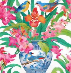 a vase with flowers and birds painted on it