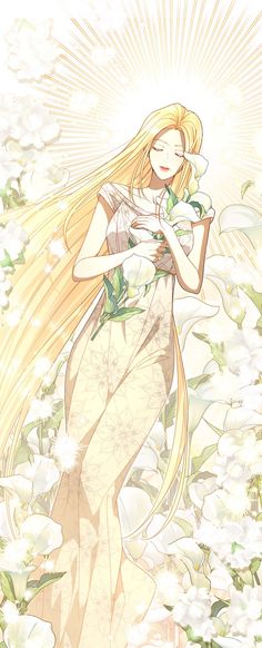 a woman with long blonde hair standing in the middle of white flowers and holding a green plant