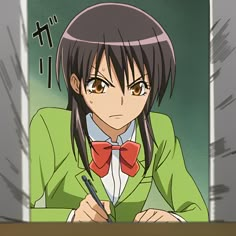 an anime character with long black hair sitting at a desk and writing on a piece of paper