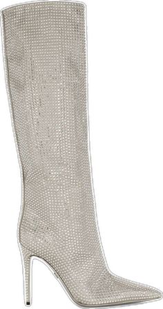 Elegant Knee-high Boots With Rhinestones, Elegant Knee-high Rhinestone Boots, Elegant Embellished Knee-high Boots, Silver Knee-high Evening Boots, Luxury Silver Boots With Rhinestones, Designer Rhinestone Formal Boots, Luxury Rhinestone Boots For Formal Occasions, Designer Rhinestone Boots For Formal Events, Designer Rhinestone Boots For Formal Occasions