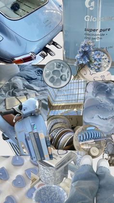 a collage of blue and silver items including shoes, plates, vases and other things