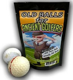 old balls for ancient golfers are shown next to a bag of white golf balls