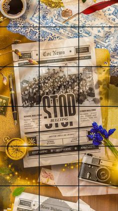 an image of a newspaper on a table with flowers and other items around it,