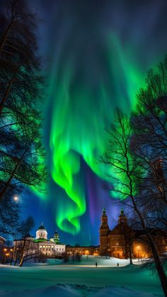 the aurora bore is shining brightly in the night sky over a snowy area with trees and buildings