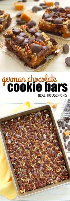 german chocolate cookie bars in a pan and on top of a table with other desserts