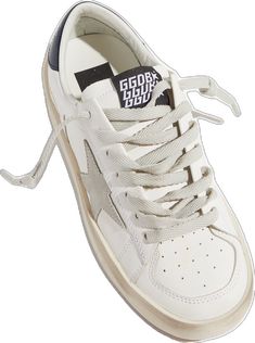 a pair of white sneakers with black and white logo on the side, tied together