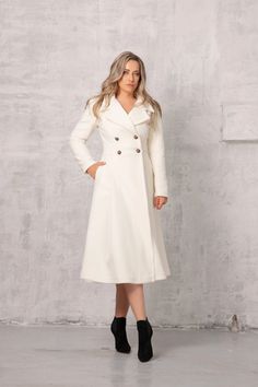 Off White/ivory Wool Cashmere Coat Winter Wedding Coat - Etsy Elegant Long Wool Coat With Button Closure, Classic White Long Wool Coat, Classic White Wool Coat For Formal Occasions, Elegant Double-breasted Cream Wool Coat, Elegant Long Wool Coat With Buttons, Elegant Long Wool Coat With Double Button, Formal Cream Wool Coat For Fall, Elegant Cream Pea Coat For Formal Occasions, Elegant A-line Wool Coat