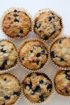 blueberry muffins are arranged on a white plate