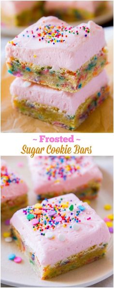 frosted sugar cookie bars with sprinkles are stacked on top of each other