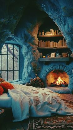 a bedroom with a bed and fireplace in it