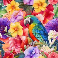 a colorful parrot sitting on top of flowers