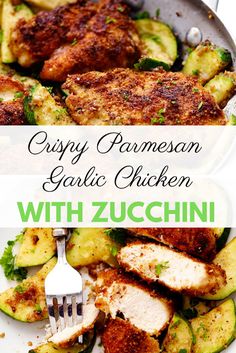 chicken with zucchini and parmesan sauce in a skillet on a white plate