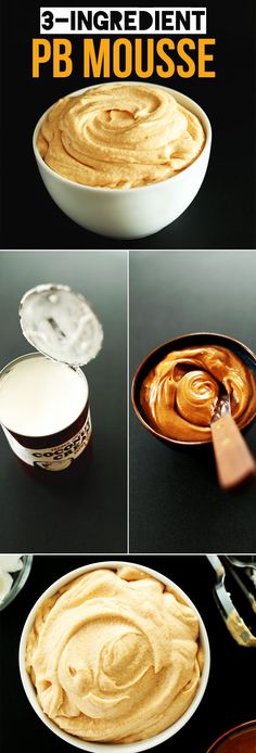 the process to make peanut butter is shown in three different stages, including being spread on top