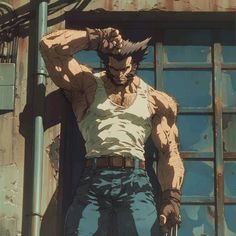 an anime character leaning against a building with his hand on his head