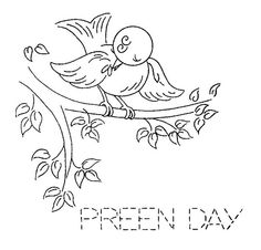 a bird sitting on top of a tree branch with the words green day written below it