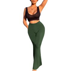 Army Green Solid Bodycon Flare Pants Summer Stretch Dress Pants In Solid Color, Stretch Dress Pants For Summer, Stretch Dress Pants In Solid Color, Green Stretch Ankle-length Pants, High Waist Green Bottoms, High Waist Summer Leggings, Green Stretch Ankle-length Bottoms, Stretch Solid Color Summer Dress Pants, Green Ankle-length Elastane Pants