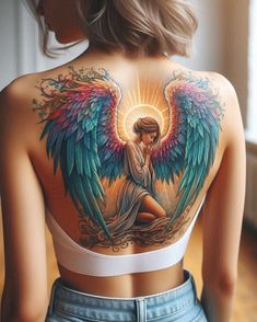 a woman with an angel tattoo on her back