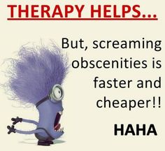 a cartoon character with purple hair and text that reads therapy helps but screaming obscients is faster and cheaper