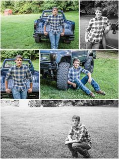 a man sitting on the ground in front of a truck and posing for different pictures