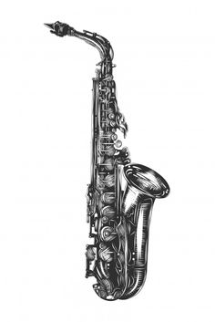 a black and white drawing of a saxophone