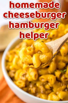 a wooden spoon full of homemade cheeseburger hamburger helper with text overlay