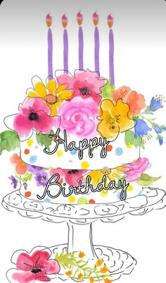 a birthday cake with flowers and candles on it's top is shown in watercolor