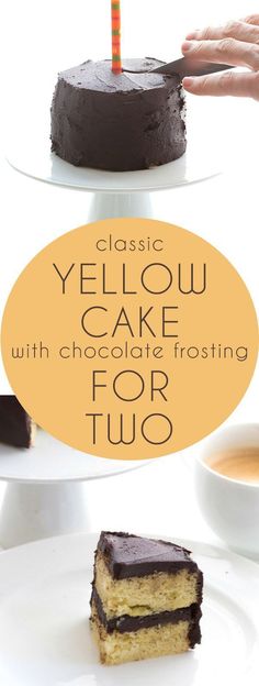 a cake with chocolate frosting and two candles on it, in front of the words classic yellow cake with chocolate frosting for two