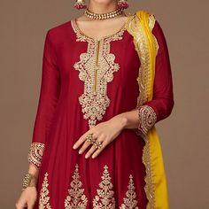 Maroon & Purple colored suit is prettified with floral embroidered work as shown which makes it appear classy. This top is made of georgette fabric which is accompanied with georgette bottom, santoon inner and georgette dupatta. Women can buy this suit to wear for their parties, festive and sangeet. Note:- The actual product may differ slightly in color and design from the one illustrated in the images when compared with computer or mobile screen. Size Chart Size: Semi Stitched/Unstitched can be altered from maximum to minimum size based on size chart