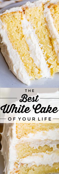 the best white cake of your life is cut into four pieces and served on a plate