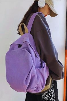 Casual Solid Backpack For Students, Casual Solid Color School Backpack, Casual Solid Softback Backpack, Casual Solid Color Backpack For Daily Use, Trendy Purple Softback Backpack, Trendy Purple Backpack For Daily Use, Casual Large Capacity Purple Backpack, Casual Purple Backpack For Students, Casual Purple Student Backpack