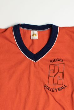 "Size: Medium Brand: Russell Athletic Color: Orange Material: Cotton / Polyester Length: 25 Chest Width: 16\" Vintage Condition Notes: - Item is generally in good condition. Like all vintage clothing, it shows some signs of wear, but there are no outstanding flaws." Vintage Athletic Wear, Vintage Gym, Gym Shirt, Volley Ball, Fisherman Sweater, Printed Joggers, Sports Apparel, Russell Athletic, Gym Shirts