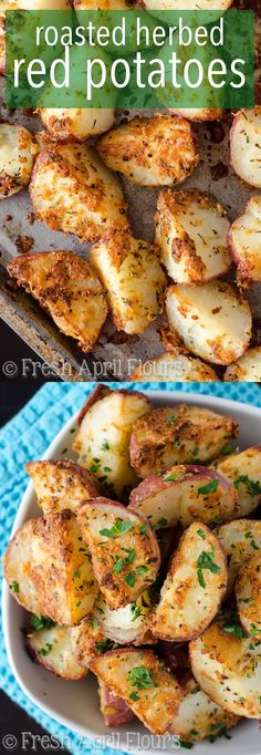 roasted red potatoes in a white bowl and on a blue towel with the title above it