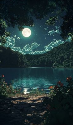 Night Landscape Aesthetic, Full Moon Wallpaper Aesthetic, Blue Moonlight Aesthetic, Fall Night Wallpaper, Lake At Night Aesthetic, Water Background Aesthetic, Peaceful Wallpaper Aesthetic, Lake Moonlight, Digital Art Scenery