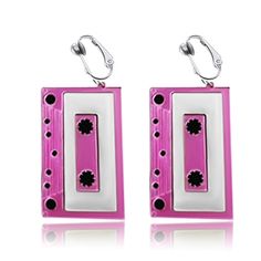 pair of pink and white earrings with black dots on the bottom, hanging from hooks