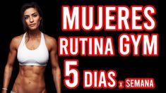 a woman in white top standing next to a black background with the words mueres rutuna gym 5 dias