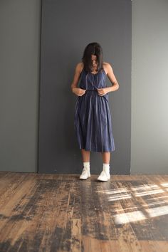 Bsbee signature skirt Gemma in Navy Stripe. Elastic waist with inside drawstring. 100% khadi cotton made by hand. Made in India. Cotton Dresses With Relaxed Gathered Skirt, Cotton Dresses With Gathered Relaxed Skirt, Cotton Dress With Relaxed Gathered Skirt, Relaxed Fit Cotton Dress With Gathered Skirt, Peter Pan Collar Blouse, Petal Sleeve, Sea New York, Collar Blouse, Navy Stripes